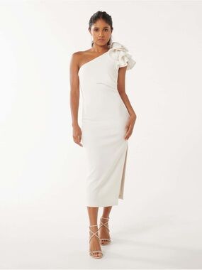 Ever New One-Shoulder Midi Dress with Sculpted Shoulder Ruffle in Cream